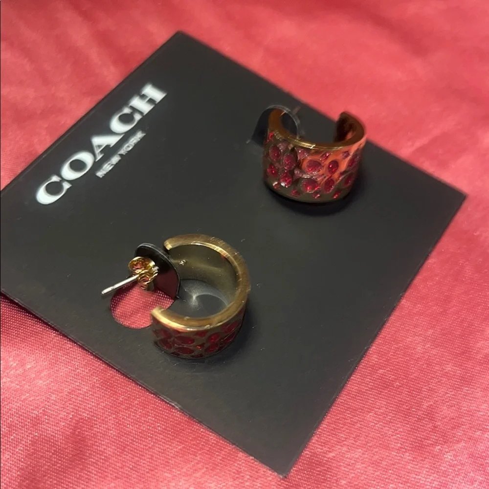 Coach Gold and Red small huggie hoop Earrings - Picture 3 of 6